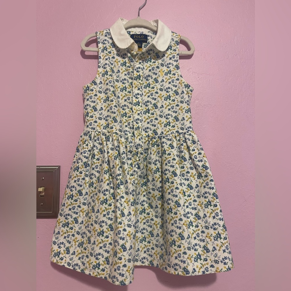 Polo by Ralph Lauren White Floral Collared Dress with Blue & Yellow Flowers